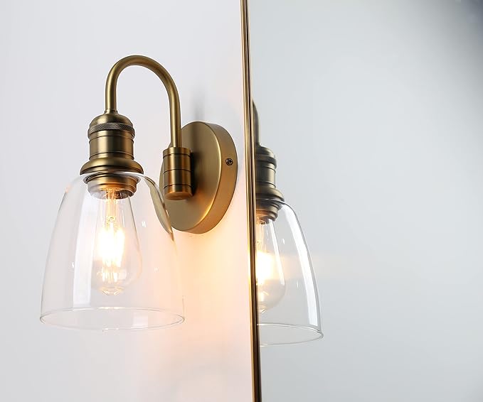 Yosoan 1-Light Brass Modern Vintage Indoor Wall Sconce, Vanity Single Luxury Hardwired Retro Textured Clear Oval Cone Glass Shade with Industrial Curved Rod Bathroom Lamp(Antique)