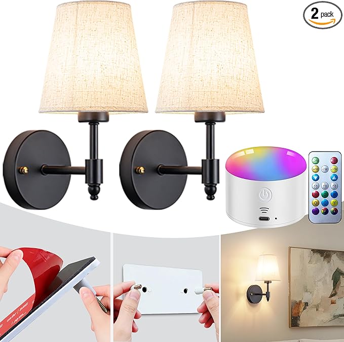 YHCDLAMP Peel and Stick Wall Sconces, No Drilling Stick On Wall Sconce, Wireless Battery Operated Wall Lights, Adhesive Wall Lamp with 10000mAh Battery Bulb for Bedroom Living Room Decor