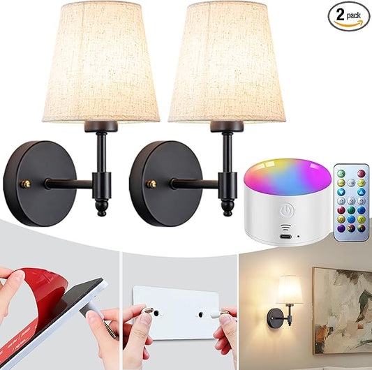 YHCDLAMP Peel and Stick Wall Sconces, No Drilling Stick On Wall Sconce, Wireless Battery Operated Wall Lights, Adhesive Wall Lamp with 10000mAh Battery Bulb for Bedroom Living Room Decor