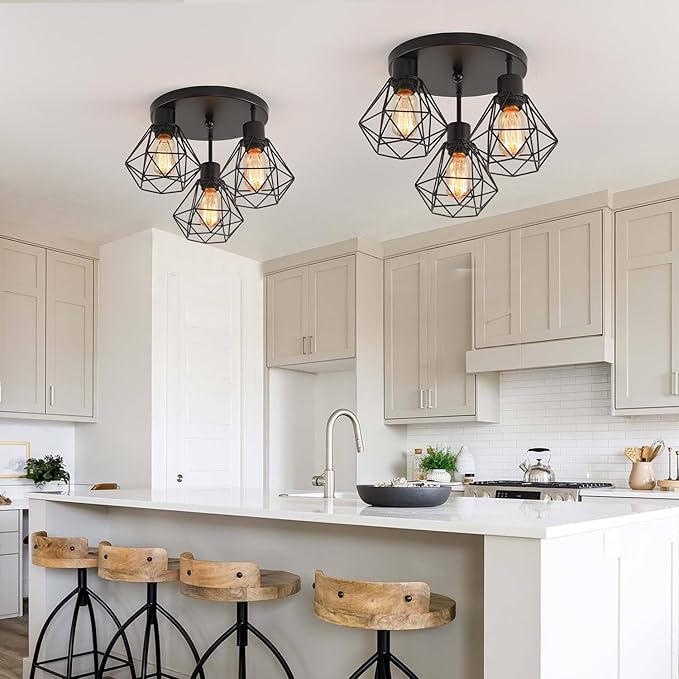 3 Lights Industrial Ceiling Light Fixtures,Iron Cage Ceiling Lamp Pendant Lighting,3-Light Close to Ceiling Light Fixtures, Modern Chandelier for Bedroom Entryway Kitchen Hallway