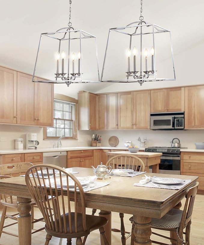 JONATHAN Y 19" Chrome 4-Light Metal Lantern Pendant Light, Adjustable LED Hanging Ceiling Fixture for Kitchen Island, Foyer, Entryway and Dining Room, ETL Listed (JYL7411A)