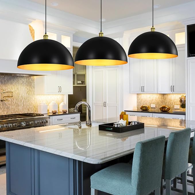 Black-Farmhouse Pendant-Light Hanging-Lamp Fixtures - 16 inch Kitchen Island Pendant Lights Industrial Dome Ceiling Lighting Dining Room Large Vintage Light for Indoor Black and Gold