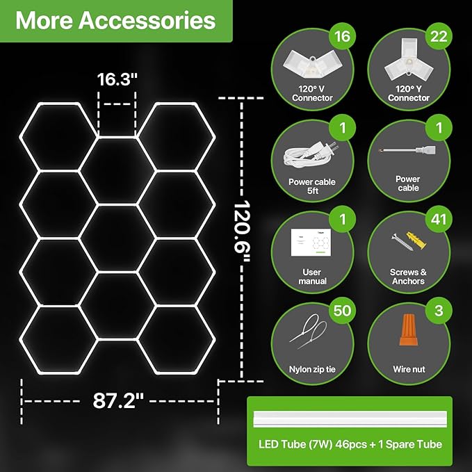 Glitgate Hexagon Garage Lights, 11 Grid System, 322W 35420LM LED Shop Light, 6500K Daylight White Ceiling LED, Flush Mount Hexagon Lighting for Gym Barbershop Workshop