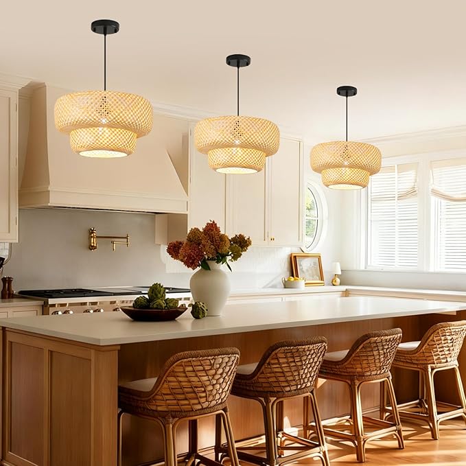 Farmhouse Bamboo Pendant Lights Hand-Woven Dining Room Light 13.78" Coastal Natural Wicker Pendant Light Rattan Hanging Lighting Fixture for Kitchen Island Living Room Bedroom Restaurant Foryer