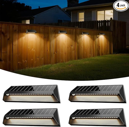 4 Packs Solar Fence Lights Outdoor with 3 Lighting Modes, 100Lumens Waterproof Solar Powered Fence Lights, 1500mAh Battery Fence Solar Light Powered for Patio, Railing, Wall