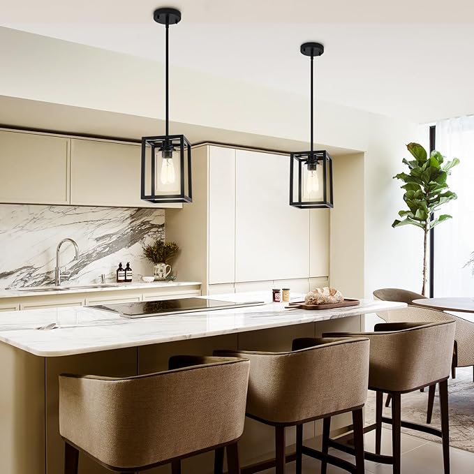 Matte Black Farmhouse Pendant Light Fixtures, Industrial Kitchen Island Light, Rectangle Linear Metal Hanging Lighting Fixture Ceiling Mount with Clear Glass Shade E26 Base for Dining Room, 2 Pack