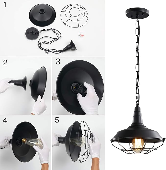 Industrial Pendant Lights 2 Pack Farmhouse Pendant Lights with Adjustable Chain, D10.2 Rustic Pendant Lighting Barn Black Metal Hanging Lights with Wire Cage for Kitchen Island Dining Room