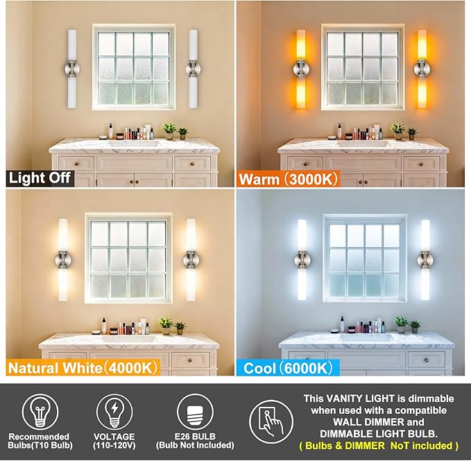LaLuLa Brushed Nickel Vanity Lights – 2-Light Hardwired Bathroom Light Fixtures with White Glass Shades and Textured Metal Body, Chrome Wall Sconces for Over Mirror or Hallway