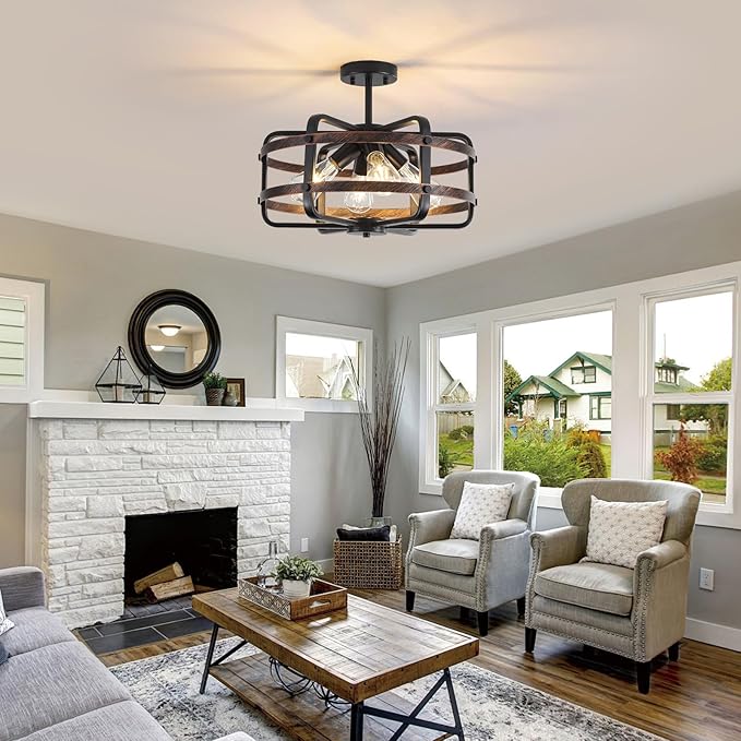 17.71'' Farmhouse Cage Semi Flush Mount Ceiling Light Fixture 4-Light Rustic Metal Ceiling Lighting Industrial Light Fixtures Vintage Ceiling Mount Black Chandeliers for Dining Room Kitchen Foyer E26