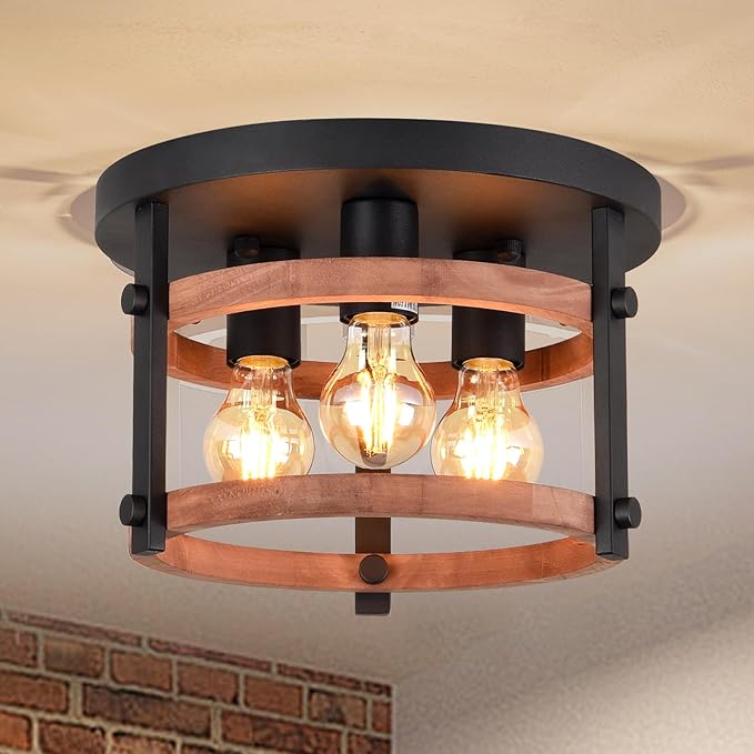 3-Light Flush Mount Wood Ceiling Light Black Metal and Round Wood Frame Hallway Ceiling Light 12 inch Retro Rustic Light Fixtures for Farmhouse, Kitchen, Foyer,Entryway, Bedroom, Dining Room