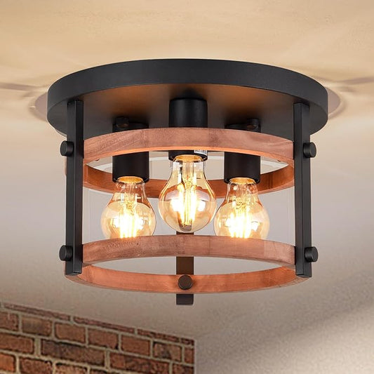 3-Light Flush Mount Wood Ceiling Light Black Metal and Round Wood Frame Hallway Ceiling Light 12 inch Retro Rustic Light Fixtures for Farmhouse, Kitchen, Foyer,Entryway, Bedroom, Dining Room