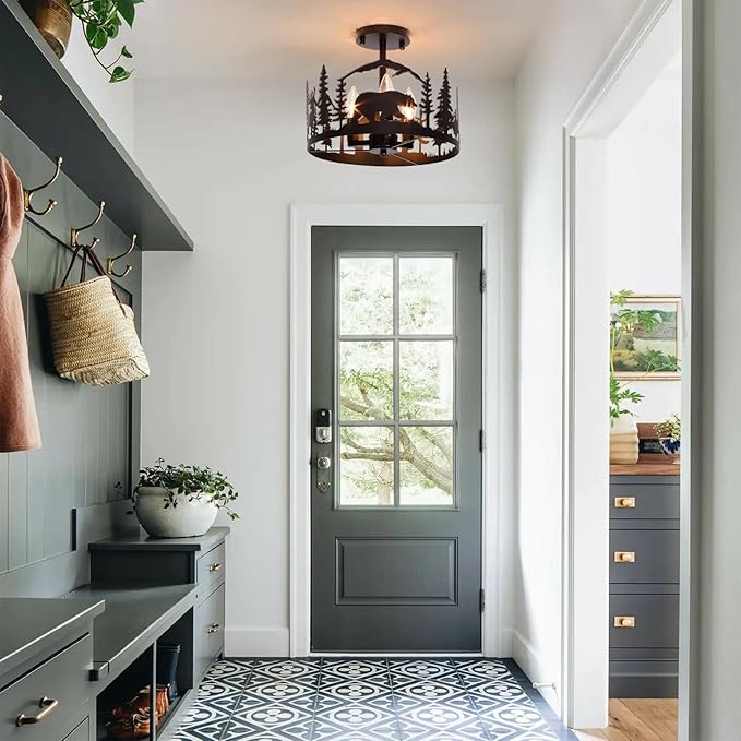 Rustic Farmhouse Semi-Flush Mount Ceiling Light Fixture,3-Light E12 Base Black Round Metal Light Fixtures for Kitchen, Foyer, Living Room, Industrial Style with Deer, Bear, and Tree Design-Rimless
