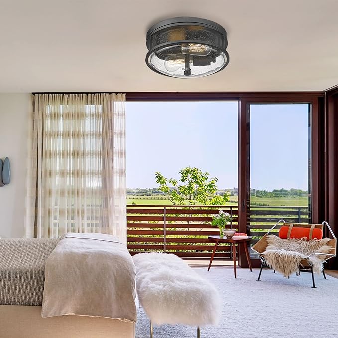 Flush Mount Ceiling Light Fixture, 12 Inch 2-Light Modern Farmhouse Semi Ceiling Light with Seeded Glass for Bedroom, Entryway, Kitchen, Hallway, ROS88 BK