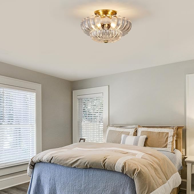 Semi Flush Mount Ceiling Light, Gold Light Fixture Ceiling Mount with Scalloped Clear Glass Shade, 3 Lights Vintage Chandelier, Modern Farmhouse Lighting for Hallway Kitchen Bedroom Foyer,