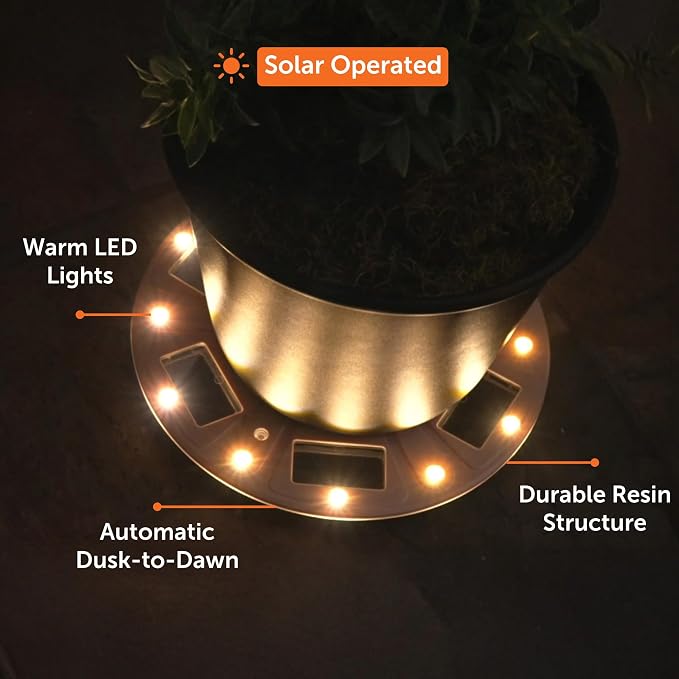 Gama Sonic 15" Illuminated Plant Stand for Outdoor, Solar Power, White Base for Exterior Potted Plants, Entryway, Pathway, Landscape Planter Lighting (78i50265)
