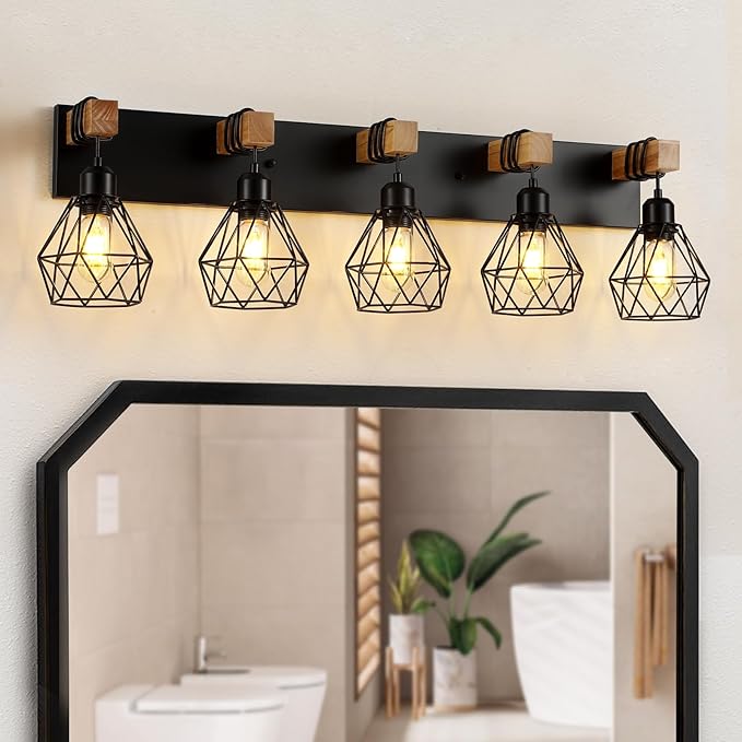 5-Light Farmhouse Bathroom Vanity Light Fixtures, Wood Bathroom Light Fixtures Over Mirror, Rustic Sconces Wall Lighting with Elegant Metal Lampshade for Living Room, Bedroom, Hallway