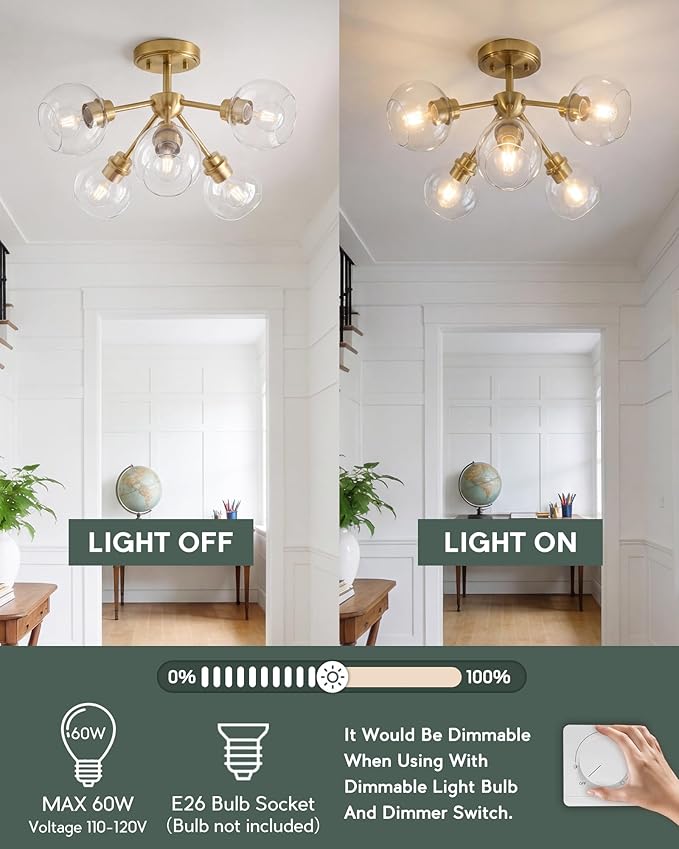 6-Light Semi Flush Mount Ceiling Light, 22" Modern Light Fixtures Ceiling Mount with Globe Clear Glass Shade, Brushed Gold Light Fixtures for Kitchen Entryway Bedroom, SM195-BG-6