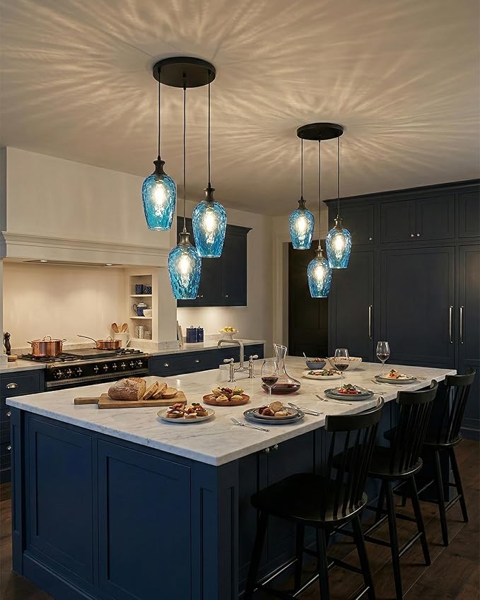 3-Light Pendant Lighting, Black Dining Room Chandelier Light Fixture Over Table with Blue Hammered Glass, Modern Cluster Hanging Lights for Kitchen Island Sink, E26