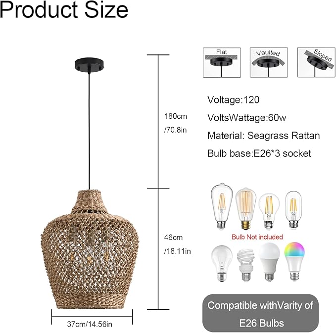 18.9" Rattan Pendant Light Fixtures,Boho Rattan Pendant Light,3-Light Hand Woven Seagrass Chandelier for Workplace Occasions Restaurants Dining Living Bedroom Kitchen Farmhouse
