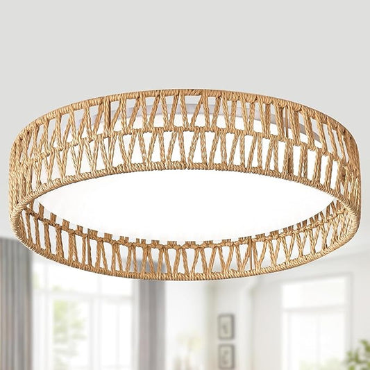 LED Rattan Flush Mount Ceiling Light Fixture, Boho Light Fixtures Ceiling 16.9 inch, 24W Dimmable Rattan Ceiling Light 5CCT 3000K-6000K for Hallway Bedroom Kitchen Entryway Living Room
