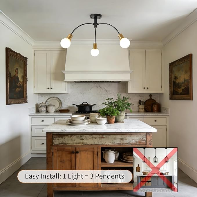 Modern Bedroom Semi Flush Mount Ceiling Light Fixture,Mid Century 3 Light Gold and Black Sputnik Chandelier for Laundry Room Dining Room Kitchen Island Hallway Foyer