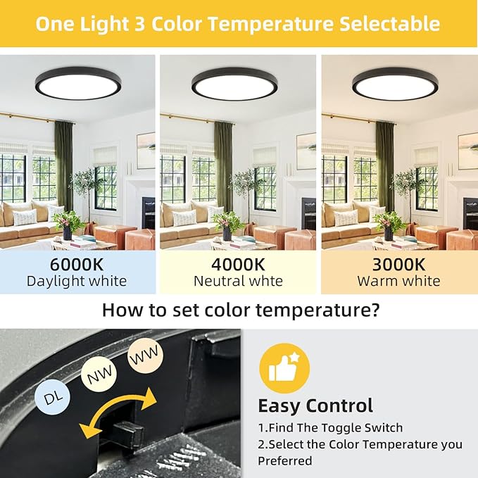 Led Flush Mount Ceiling Light,16 Inch 32w 3480lm,3000k/4000k/6000k 3CCT Selectable, Round Modern Flat Panel Super Slim Led Ceiling Light,for Living Dining Kitchen Bedroom Room (4Pack-Black)