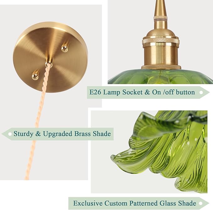 Vintage Pendant Light,Green Glass Light Fixtures,11 inch E26 Flower Pendant Lights Adjustable Hanging Light for Bedroom Hotel Dining Room 1 Pack