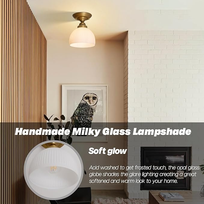 Industrial Flush Mount Ceiling Light with White Striped Globe Glass Lampshade, Vintage Glass Close to Ceiling Light Fixture for Kitchen Island Bedroom Entryway Stairwell