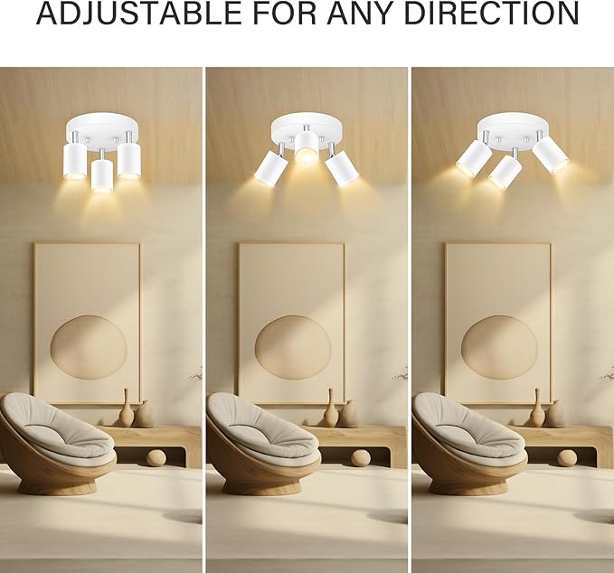 BoostArea LED 3 Light Track Lighting Kit, LED Track Lighting Fixtures, White Round Ceiling Spot Lighting, Flexibly Rotatable Light Head for Kitchen, Living Room, Bedroom, GU10 Bulb Not Included