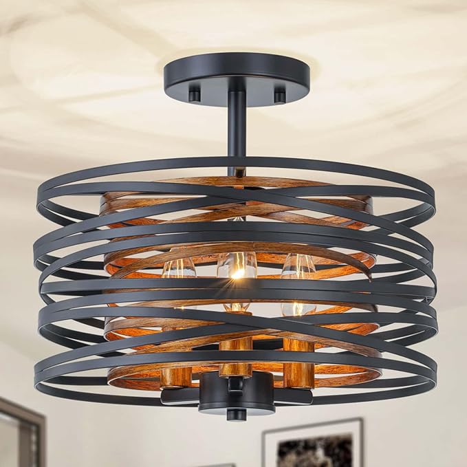 D13 inch Farmhouse Ceiling Light, 3-Light Rustic Design Semi-Flushmount Close to Ceiling Light Fixture, for Living Room, Foyer, Bedroom, D12.6 x H11 in, Matte Black & Wood Texture Finish