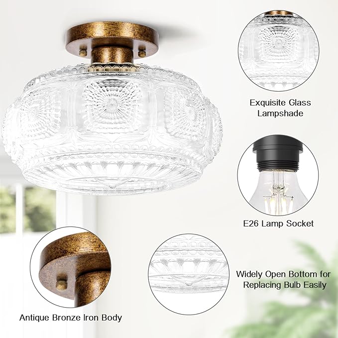 Semi Flush Mount Ceiling Light, Upgraded Larger Antique Bronze Glass Ceiling Light Fixture, Vintage Lighting for Hallway Kitchen Bedroom Dining Room, Bulb Not Included