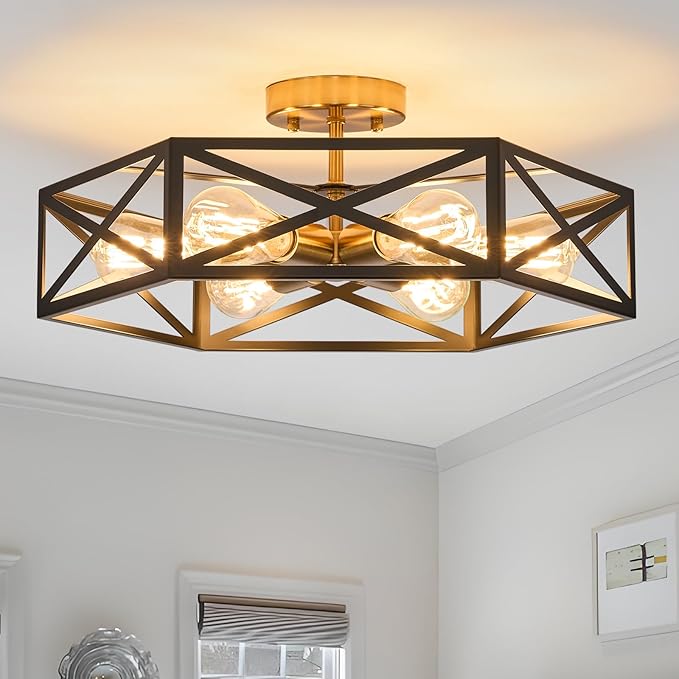 Modern Farmhouse Semi Flush Mount Ceiling Light,Industrial Black and Gold Ceiling Lighting Fixture,Hexagonal Close to Ceiling Lights for Kitchen,Living,Dining Room,Bedroom,Foyer,19.7 Inch