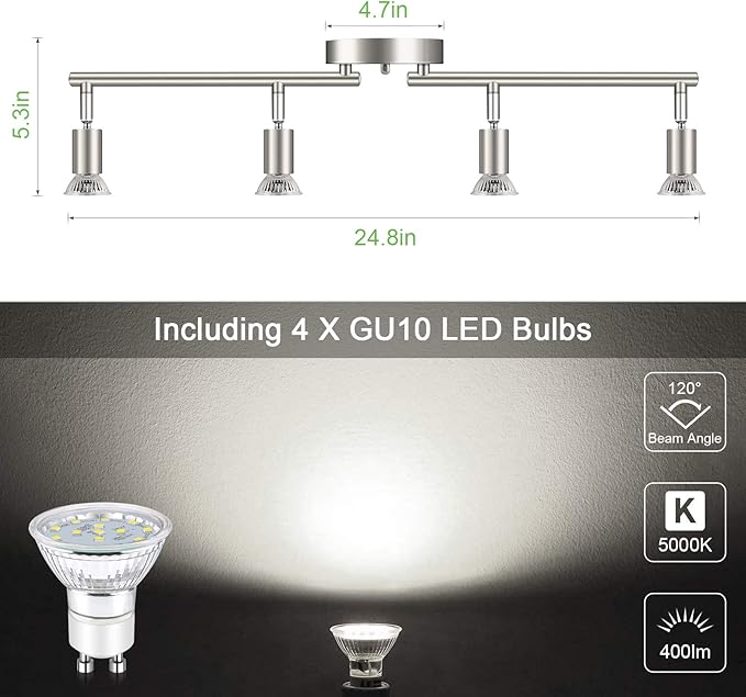 Unicozin LED 4 Light Track Lighting Kit, 24.8'' Matt Nickel 4 Way Ceiling Spot Lighting, Flexibly Rotatable Head, Modern Track Light Included 4 x LED GU10 Bulb (4W, Daylight White 5000K, 400LM)