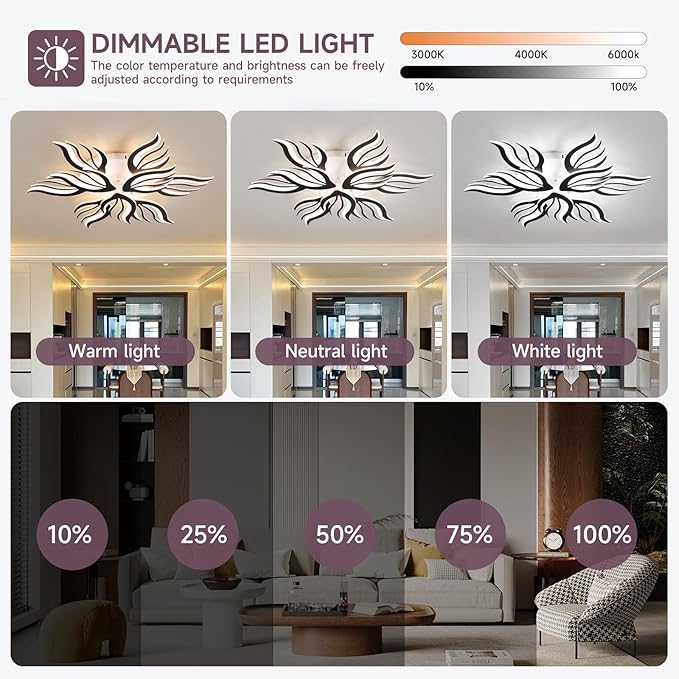 Becailyer 9-Petals Modren LED Ceiling Lights, 75W Dimmable Flower Shape Ceiling Lamp with Remote Control, 33.4" Flush Mount Ceiling Lighting Fixtures for Living Room Dining Room Bedroom Office, Black