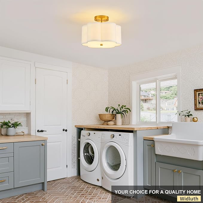 Modern Semi Flush Mount Ceiling Light Modern Gold 3-Lights Drum Ceiling Lighting Fixture Vintage Linen Golden Ceiling Lamp for Laundry Room, Kitchen, Basement, Dining Room, Bedroom