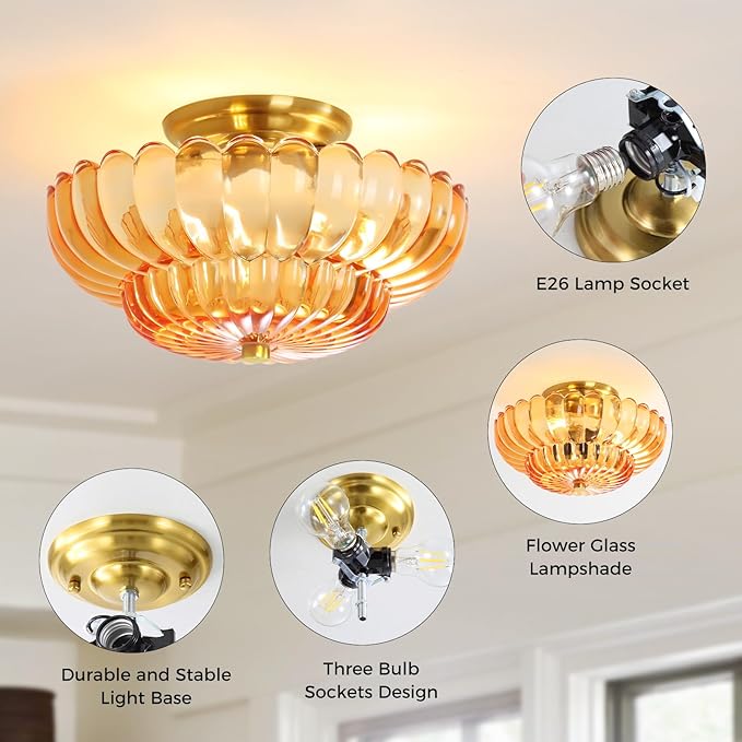 Semi Flush Mount Ceiling Light Fixture Vinatge Gold Ceiling Lights Mid Century Modern Orange Glass Close to Ceiling Lighting Fixtures for Bedroom Hallway Foyer Bathroom Kitchen Laundry Room Nursery