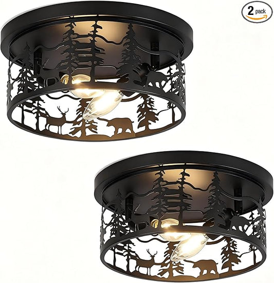 2 Pack Rustic Farmhouse Flush Mount Ceiling Light, 2-Light Black Metal Bear Design E12 Round Ceiling Light Fixture, for Kitchen, Bedroom, Foyer, Cabin Lighting (Bulbs Not Included)