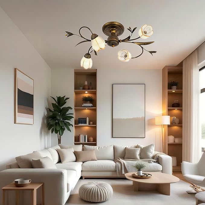 19.7 Inch 4-Lights Branch Shaped Ceiling Lights, Creative Retro Style Flower Vine Ceiling Light Fixtures, Country Style Ceiling Lamp for Living Room, Bedroom, Kitchen, Study Room