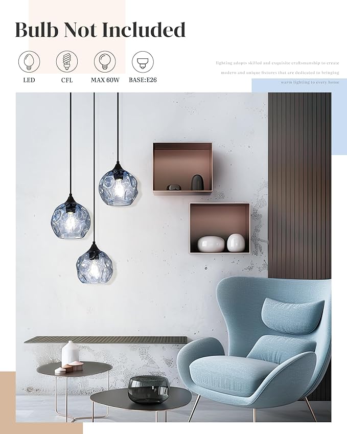 Emliviar 3-Light Globe Hanging Lights, Foyer Chandeliers with Hammered Glass Shade, Cluster Hanging Lights in Blue Finish, DYE287G1-3 BK