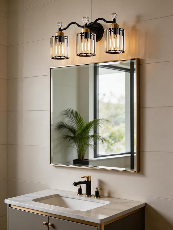 Modern Crystal Bathroom Vanity Light,Balck and Gold 3-Lights Bathroom Light Fixtures, Vanity Light Fixtures Over Mirror, Glass Wall Sconce Light for Bedroom, Kitchen, Living Room, Gallery, E26 Base
