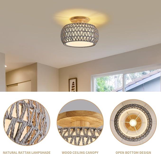 Boho Rattan Ceiling Light Fixture - 3 Style Options Wicker Semi Flush Mount Ceiling Lights,Grey Coastal Light Fixtures,Bohemian Woven Basket Chandelier for Hallway Bedroom Nursery Kitchen Laundry