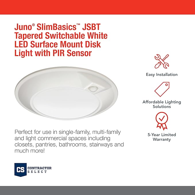 Juno JSBT 6-Inch SlimBasics Tapered Disk Downlight, Switchable + PIR Sensor, White (1 Pack)