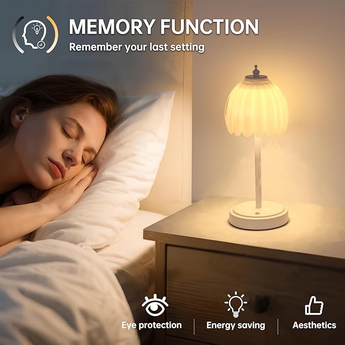 Shenmoyl Tulip Table Lamp with 5200mAh Battery & Touch Control, Cordless Small Table Lamp with 3 Colors, Dimmable Rechargeable Table Lamps for Living Room, Bedroom, Bedside (White Tulip & White Base)