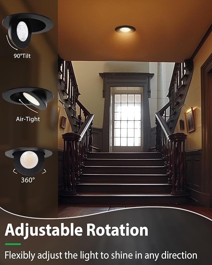 zouzai 5CCT Gimbal Led Recessed Lights, 360°+90° Adjustable Directional Recessed Lighting, 2700K-5000K Dimmable Retrofit Eyeball Can Lights with Jbox, ETL&Energy Star (Black-6 inch, 12 Pack)