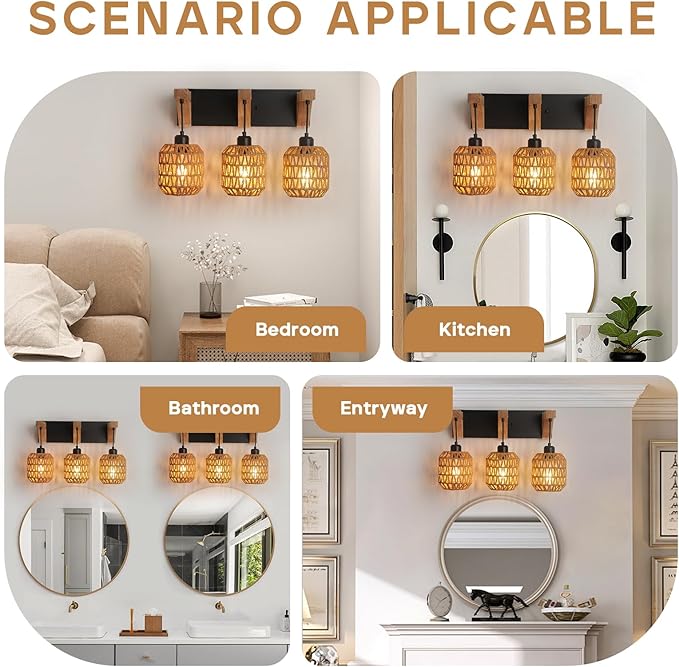 3-Light Bathroom Vanity Light Fixtures, Rustic Style Rattan Bathroom Wall Sconce with Handmade Bamboo Woven Boho Wicker Lampshade, Farmhouse Wooden Bracket, Suit for Stairway Bedroom and Hallway