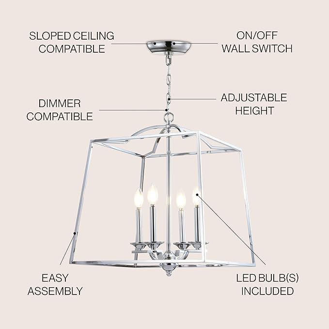 JONATHAN Y 19" Chrome 4-Light Metal Lantern Pendant Light, Adjustable LED Hanging Ceiling Fixture for Kitchen Island, Foyer, Entryway and Dining Room, ETL Listed (JYL7411A)