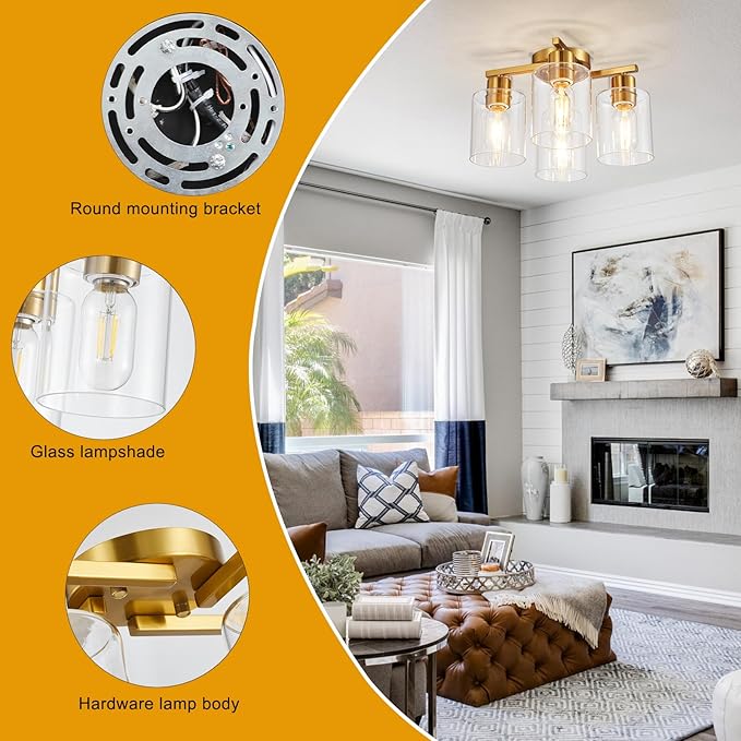 4 Light Semi Flush Mount Ceiling Light Brushed Gold Kitchen Lighting Fixtures Ceiling Brass Hallway Cieling Lights Fixture with Clear Glass Shade for Bedroom Dining Room