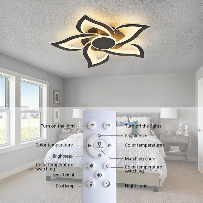 LED Ceiling Light with Remote, Modern Flush Mount Ceiling Light Fixtures, Black 24" Flower Close to Ceiling Light Fixtures, 3000K-6000K Dimmable Ceiling Lamp for Bedroom, Kitchen, Dining room