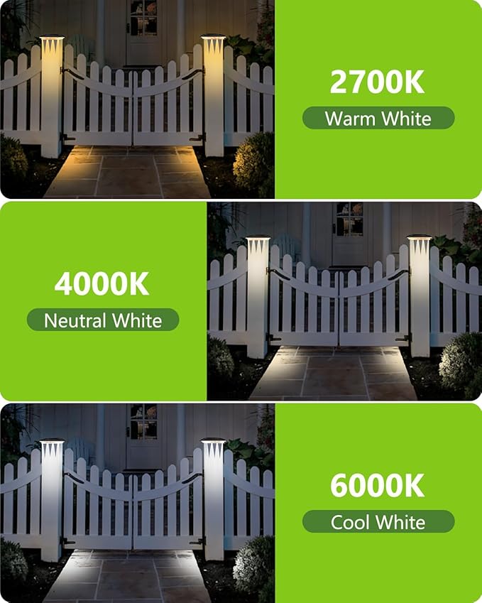 Solar Post Cap Lights Outdoor 6 Pack Upgraded 16LED Spot Lens Waterproof Post Light 3-Color Modes Warm & Cool & Neutral White Solar Light Fit for 4x4 3.5x3.5 Vinyl and Wooden Dock Fence Deck Posts