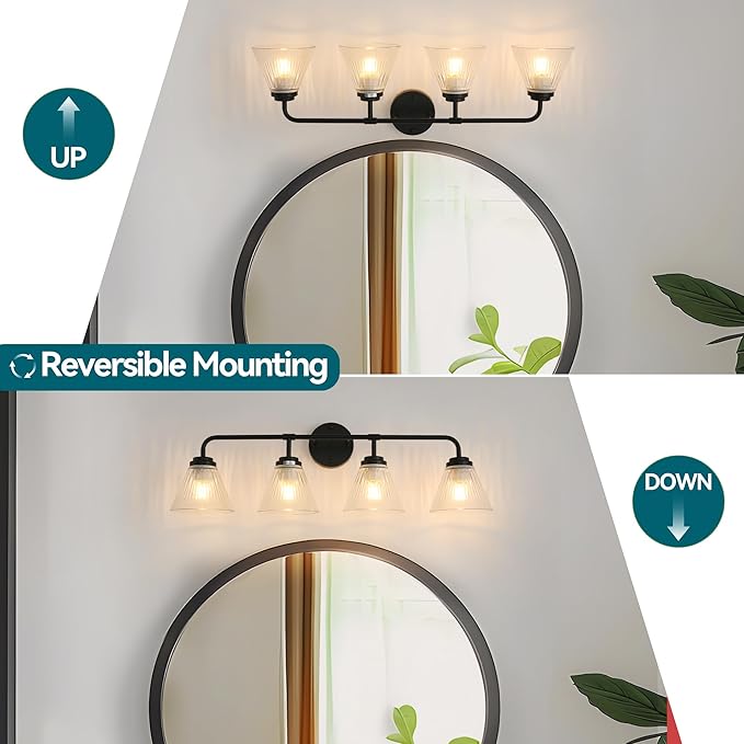 Modern Black Bathroom Vanity Light, 4-Light Wall Sconce with Clear Ribbed Glass Shades, Farmhouse Industrial Light Fixture for Bathroom, Vanity Mirror, Powder Room, Hallway (black, Powder Coated, 4)